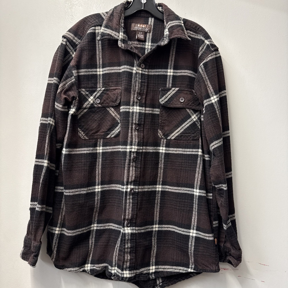 Moose Creek Flannel Shirt Mens Large Tall Black Burgundy White Plaid Button Down